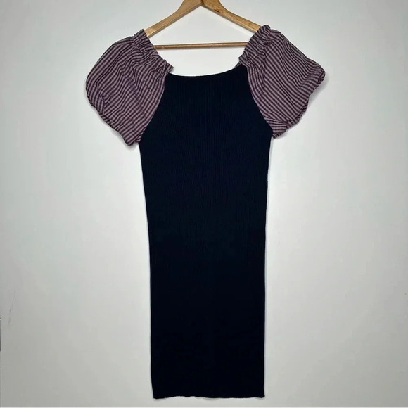 Maeve Anthropologie Navy Button Up Ribbed Knit Puff Sleeve Dress Size Large - Picture 7 of 10